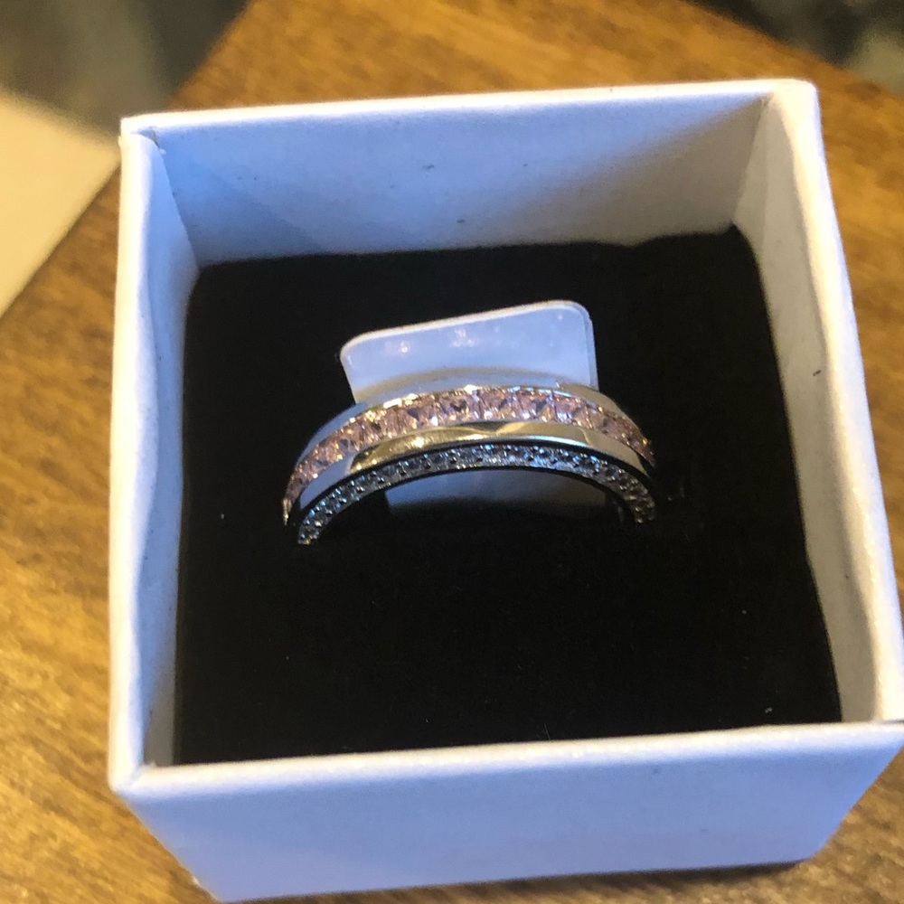 Valentines PINK and SILVER Sparkly stack ring on silver band